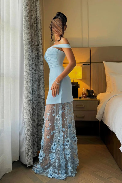 Light Blue Off Shoulder Two Layered Prom Dress with Sheer Embroidered Tulle