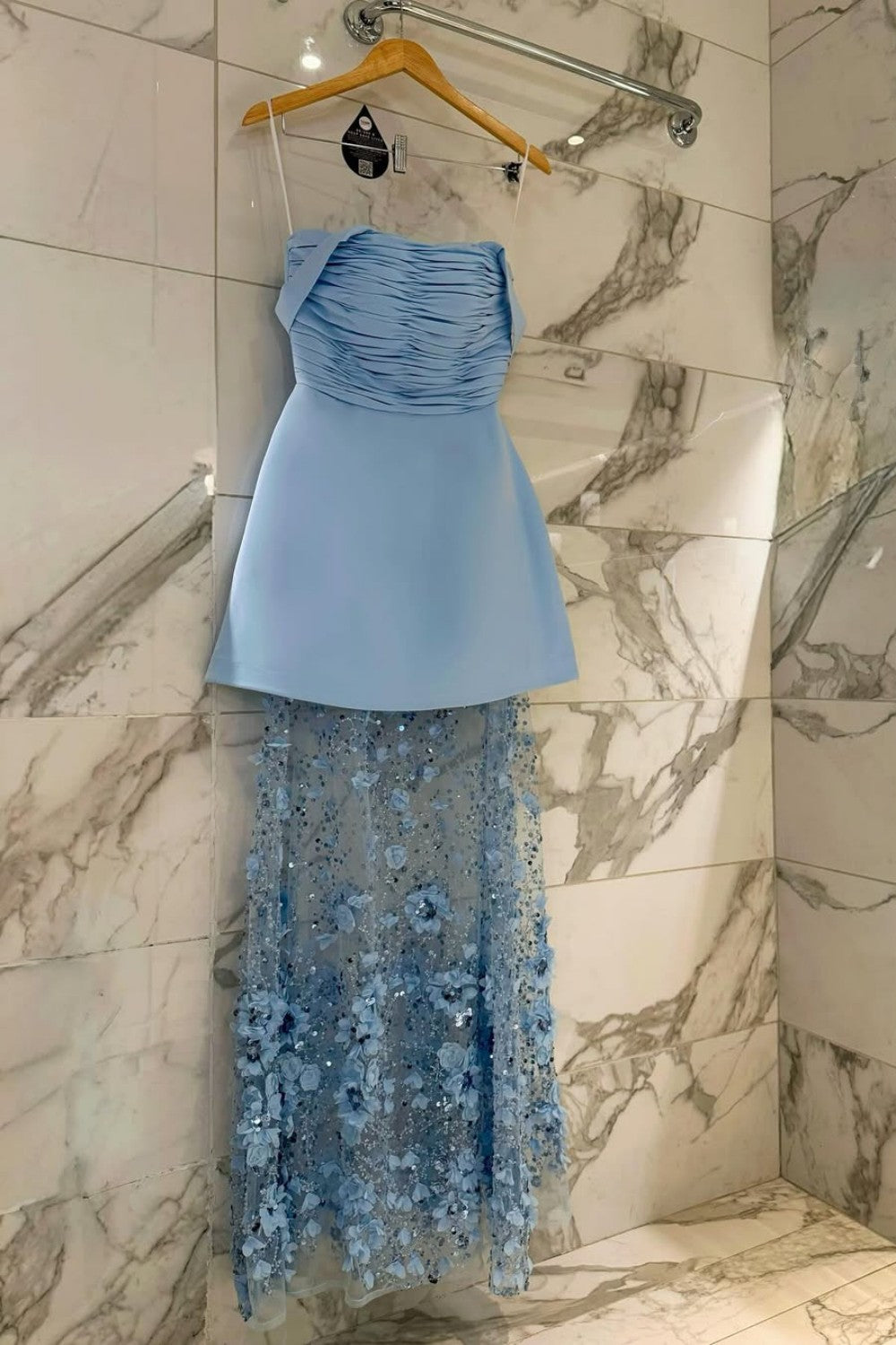 Light Blue Off Shoulder Two Layered Prom Dress with Sheer Embroidered Tulle