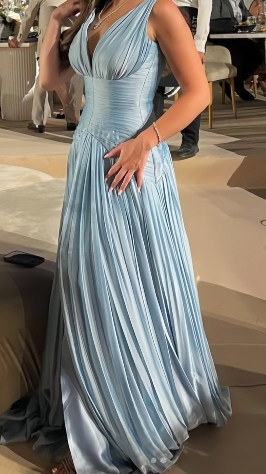 Light Blue Pleated Evening Formal Dresses V-Neck Senior Prom Dress,LTP4257