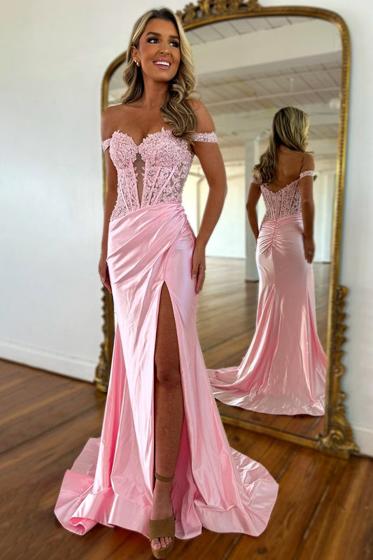Light Pink Prom Dress with Off the Shoulder Neckline Lace Top and Satin Skirt with Slit