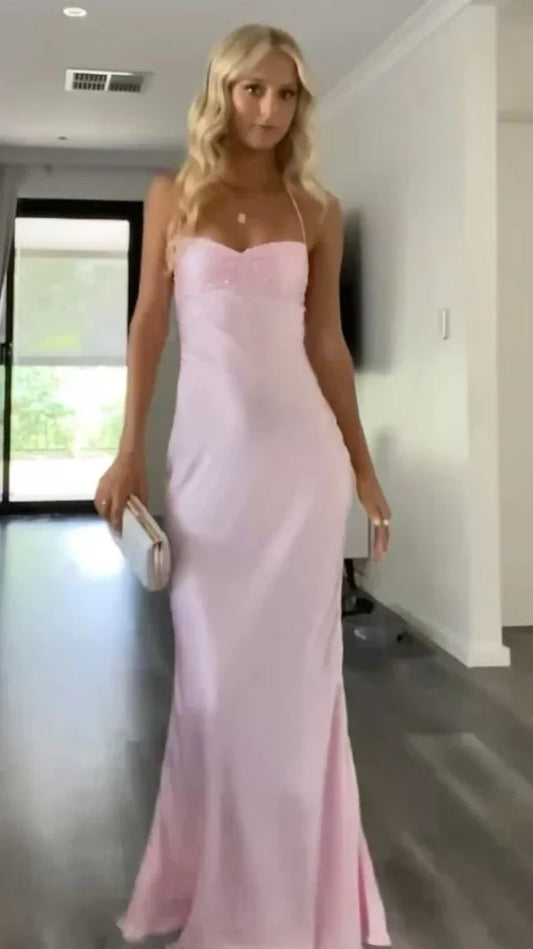 Light Pink Sheath Long Prom Dress - Spaghetti Straps Satin Evening Gown