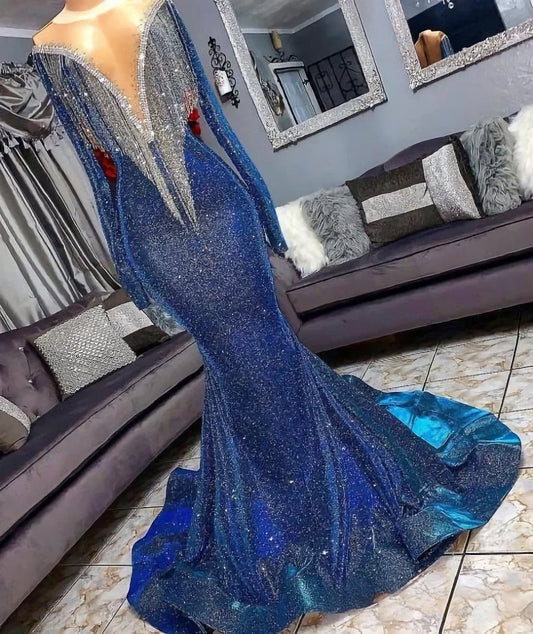Luxury Blue Long Sleeve Mermaid Prom Dresses, Sequined Deep V Neckline Evening Dresses,AST2296