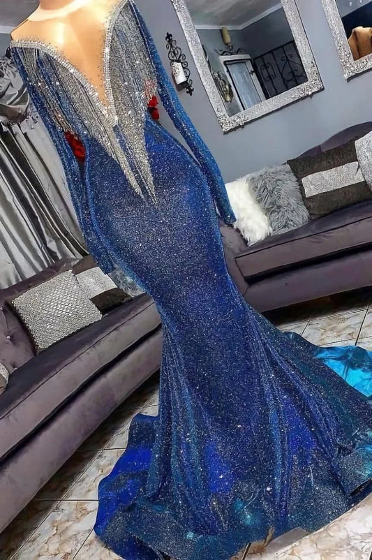 Luxury Blue Long Sleeve Mermaid Prom Dresses, Sequined Deep V Neckline Evening Dresses,AST2296
