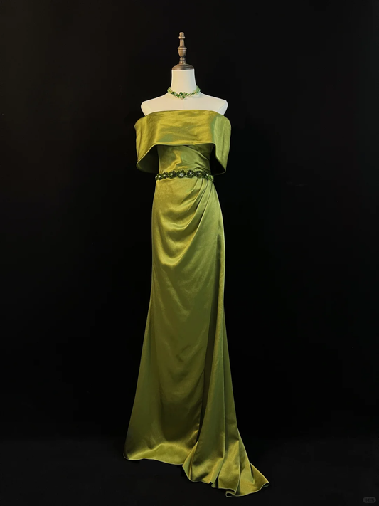 Classy Olive Green Satin Off The Shoulder Slit Prom Dress,Slit Mermaid Evening Dress Y8650
