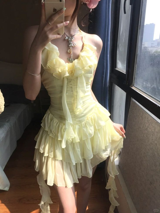 Classy Chiffon Ruffle Yellow Short 18th Birthday Dress Formal Homecoming Dress Y9078