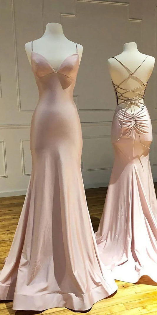 Mermaid Trumpet Prom Dress, Light Pink Satin Criss Cross Long Evening Gowns,AST2295