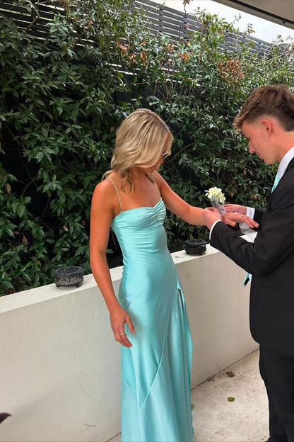 Simple Spaghetti Straps Leg Split Prom Dress Long Evening Gown