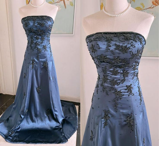 Navy Blue Beaded Strapless Prom Dresses Satin Evening Dress,LTP4293