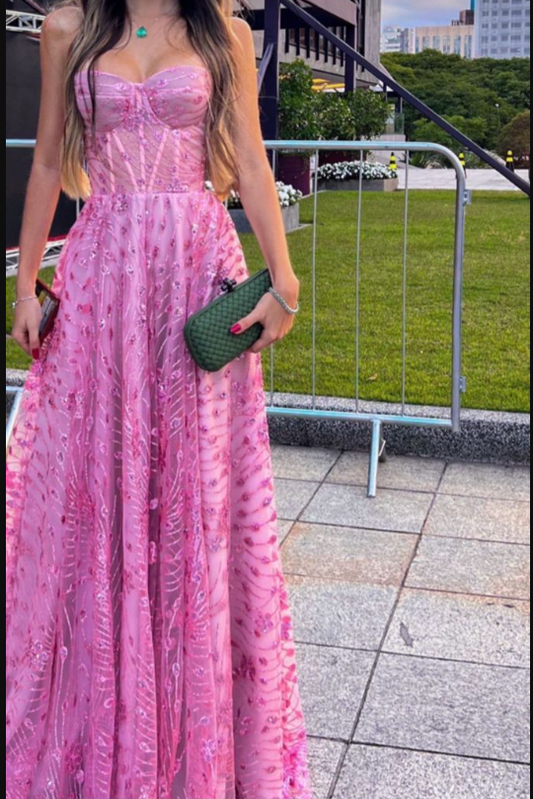 Pink Strapless Tulle Sequins Prom Dress Luxury Strapless Party Evening Gown Y8037