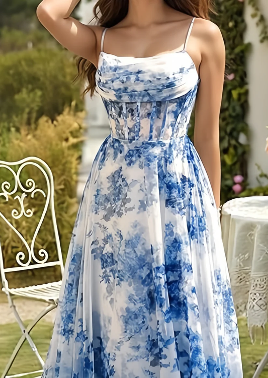 Glam Blue Chiffon Print Floral Slit Prom Dress Spaghetti Straps Evening Gown Y8277
