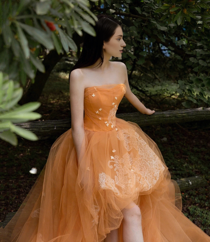 Off-the-Shoulder Orange Tulle Lace High Low Prom Dress Evening Dress