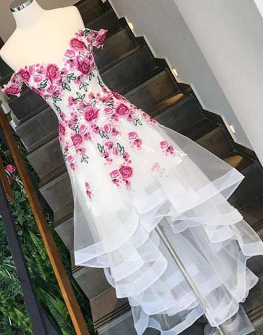 Off Shoulder High Low White Prom Dresses with Appliques, High Low White Formal Dresses, Off Shoulder White Evening Dresses EP1560