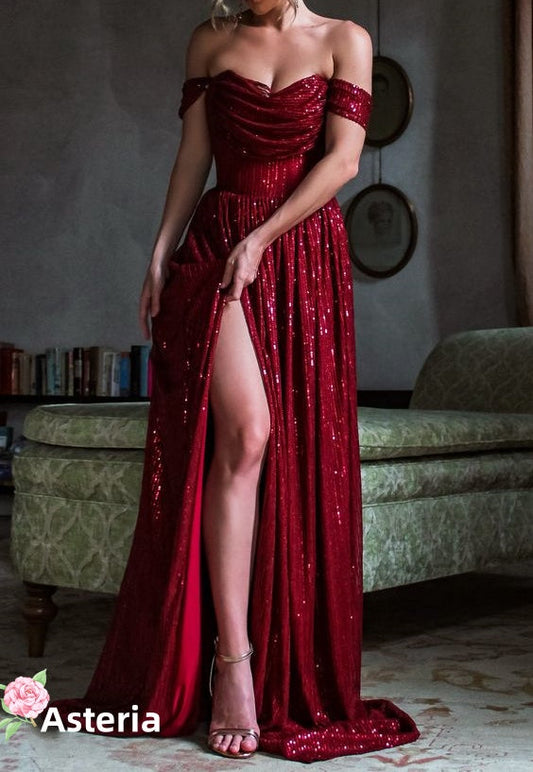 Off The Shoulder Burgundy Sequin Long Slit Prom Dress,AST925