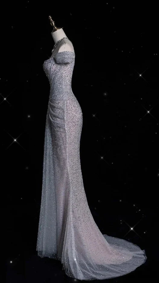 Off The Shoulder Mermaid Prom Dresses Lace Sequined Evening Graduation Dress,AST2233