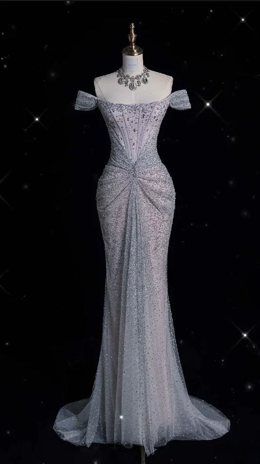 Off The Shoulder Mermaid Prom Dresses Lace Sequined Evening Graduation Dress,AST2233