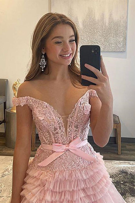 Off the Shoulder Pink Lace Prom Dresses, Off Shoulder Pink Tulle Lace Formal Evening Dresses