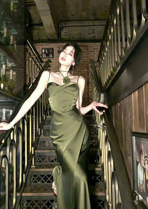 Mermaid Straps Satin Green Prom Dresses Formal Evening Dress P1102