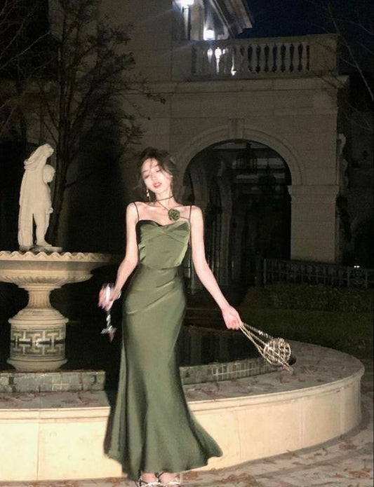 Mermaid Straps Satin Green Prom Dresses Formal Evening Dress P1102