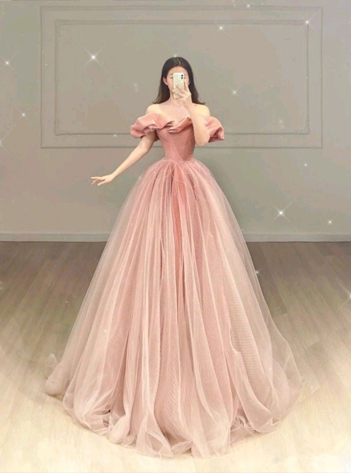 Ball Gown Off The Shoulder Floor Length Sleeveless Pink Prom Dress P1178