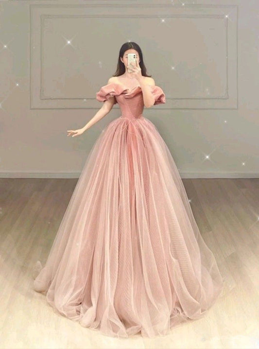 Ball Gown Off The Shoulder Floor Length Sleeveless Pink Prom Dress P1178