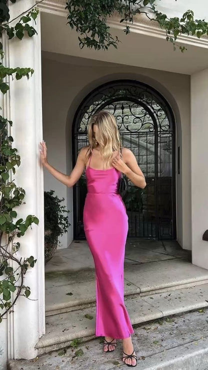 Sexy Sheath Long Straps Hot Pink Prom Dresses P1209