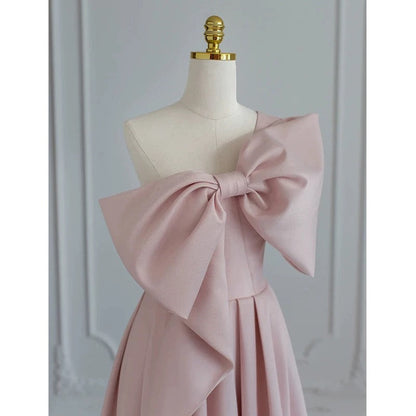 Modest A Line Strapless Long Sleeveless Satin Pink Prom Dresses P1233