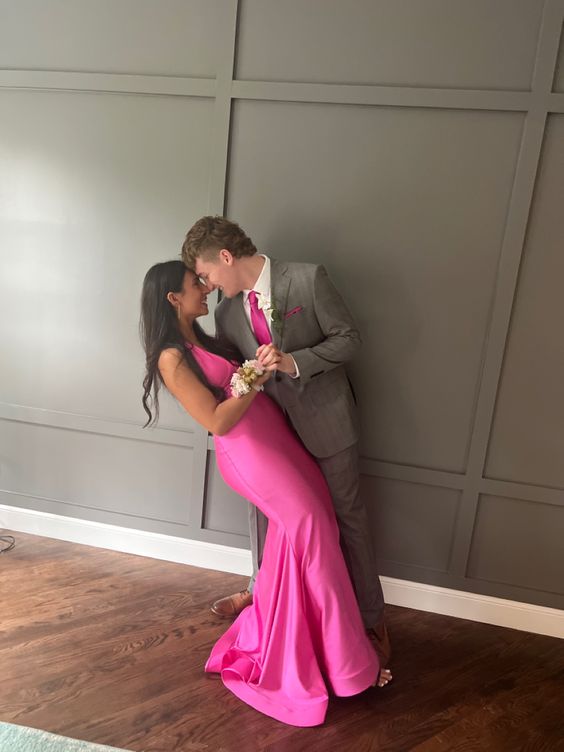 Modest Mermaid Long Satin Pink Prom Dresses P1242