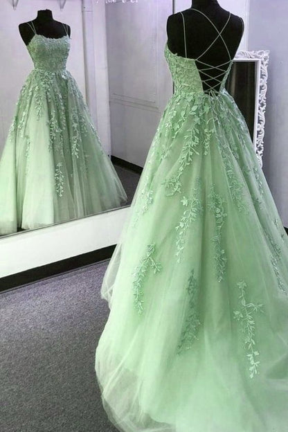 Light Green Prom Dresses Long A line Tulle Formal Evening Dress P1304