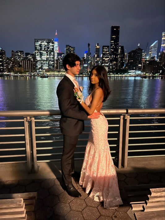 Sexy Mermaid Spaghetti Straps Sleeveless Lace Pink Prom Dress Birthday Outfit P1391