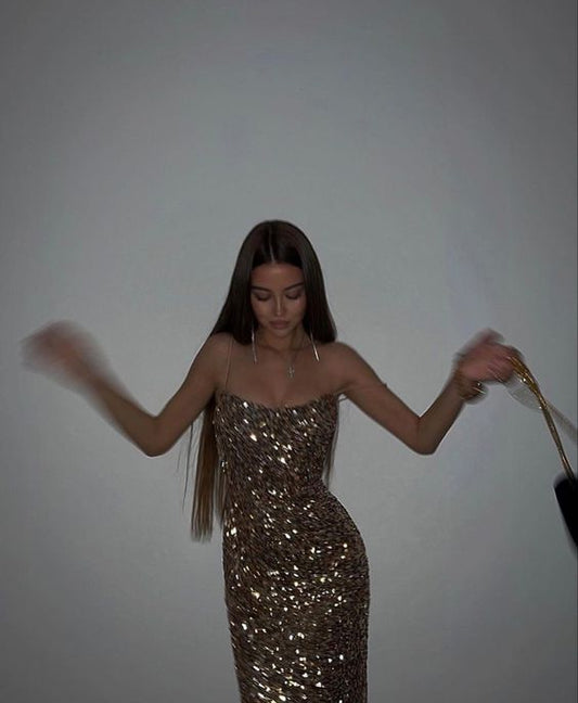 Simple Sheath Straps Long Sequin Gold Prom Dress P1412