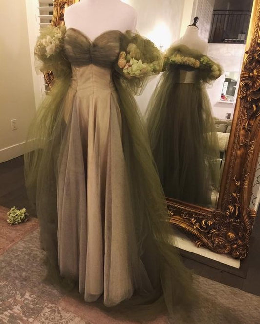 Vintage A Line Off The Shoulder Tulle Sage Green Prom Dress P1460