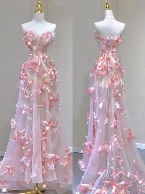 Elegant A line Strapless Tulle Floral Pink Prom Dress P1729