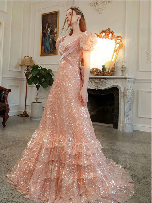 Fairy A line Short Sleeves Sequin Long Prom Dress P1739