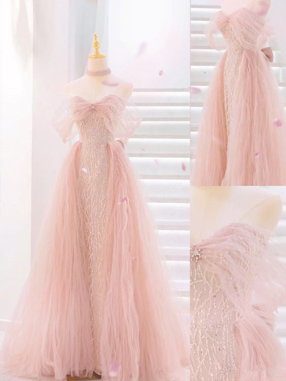 Fairy A line Strapless Tulle Sequin Long Pink Prom Dress P1740