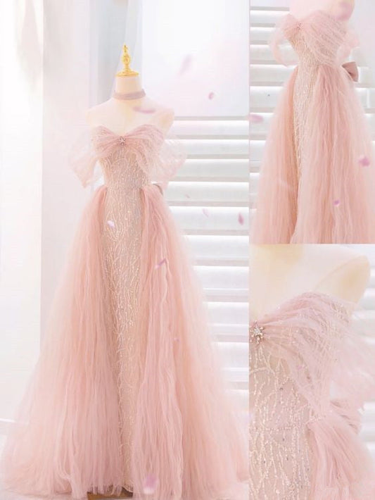 Fairy A line Strapless Tulle Sequin Long Pink Prom Dress P1740