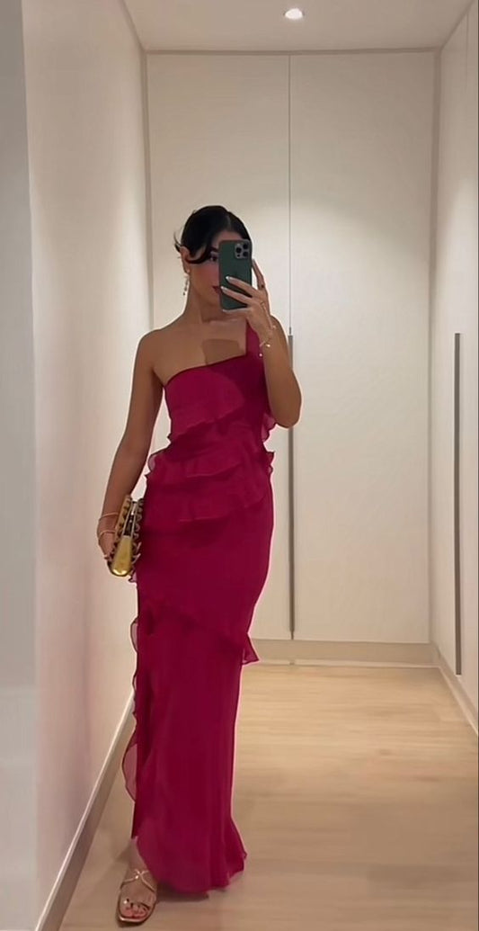 Sexy Sheath One Shoulder Chiffon Hot Pink Prom Dresses P1763