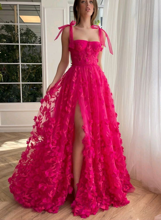 Beautiful A line Prom Gown With Straps Floral Pink Prom Dresses P1857