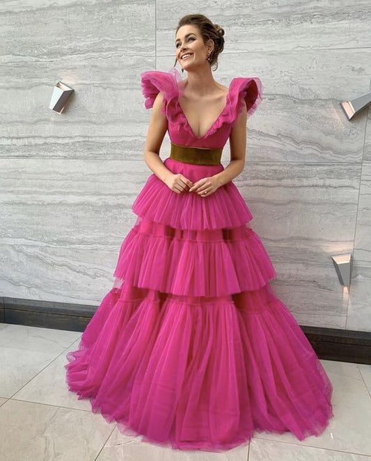 Ball Gown Long Sweetheart Tiered Tulle Hot Pink Prom Dress P1892