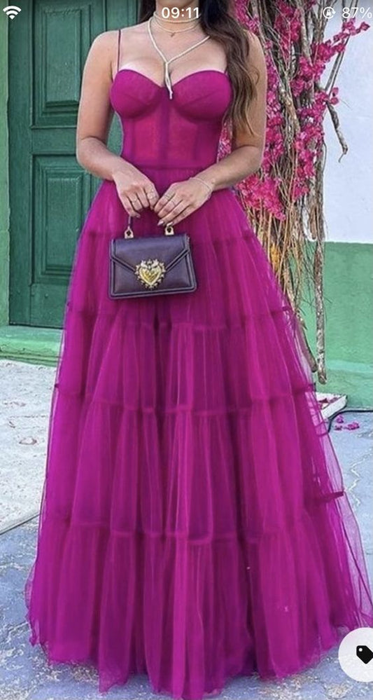 Ball Gown Long StrapsTiered Tulle Hot Pink Prom Dress P1894