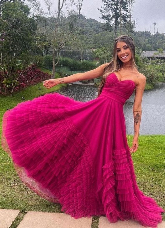 Ball Gown Long Strapless Tiered Tulle Hot Pink Prom Dress P1895