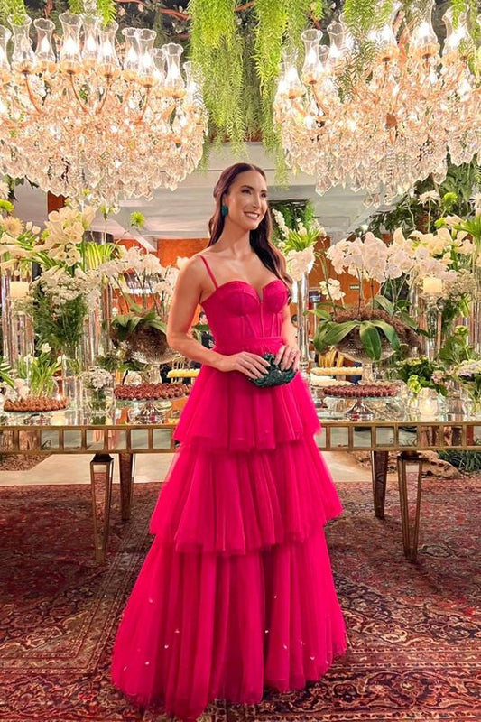 Ball Gown Tiered Hot Pink Prom Dresses Straps Neckline Formal Dress P1903