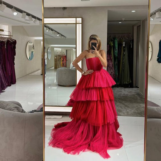 Ball Gown Tiered Hot Pink Prom Dresses Tulle Formal Dress P1908
