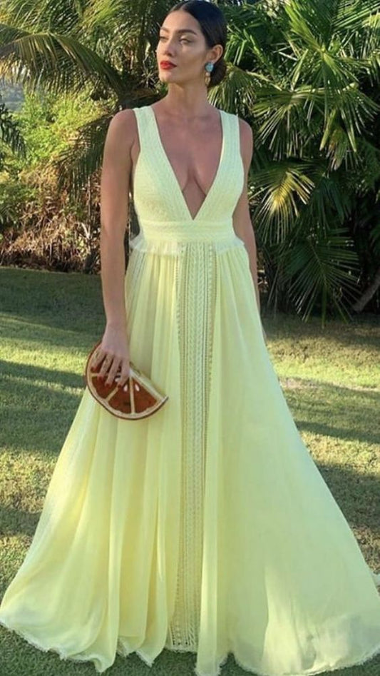 Sexy A Line Chiffon Yellow Prom Dresses 21th Birthday Outfit P2105