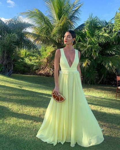 Sexy A Line Chiffon Yellow Prom Dresses 21th Birthday Outfit P2105