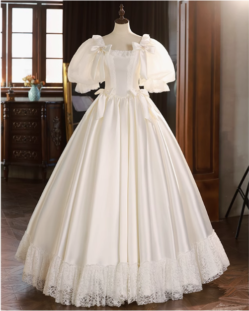 French Princess Puff Sleeve Satin Lace Tutu Wedding Dress P2626
