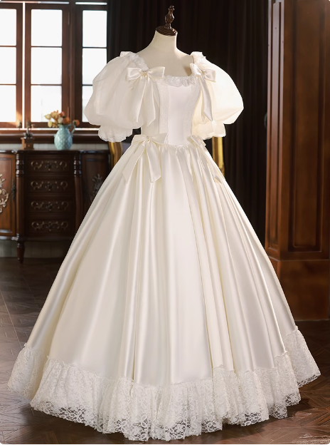 French Princess Puff Sleeve Satin Lace Tutu Wedding Dress P2626