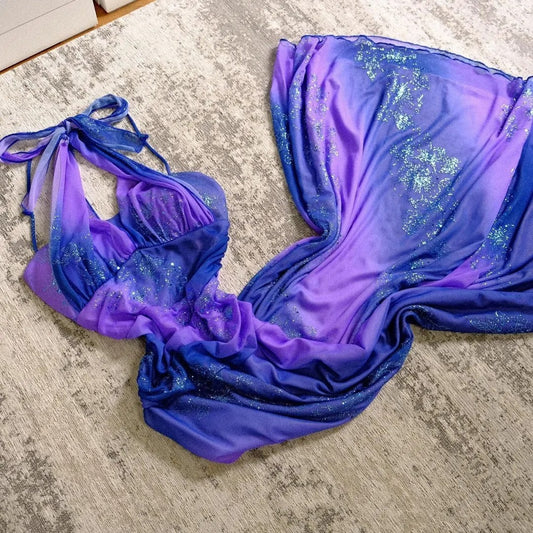 Sparkling Galaxy Chiffon Halter Neck Glitter Purple Prom Dress P3394