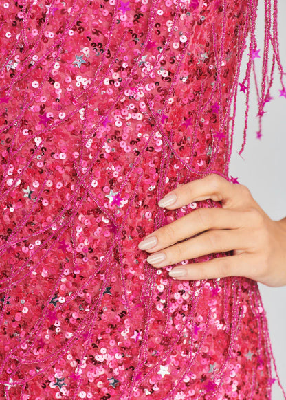 Shiny Pink Sequined Tassel Tube Top Slim Fit 17th Birthday Homecoming Dress P3877
