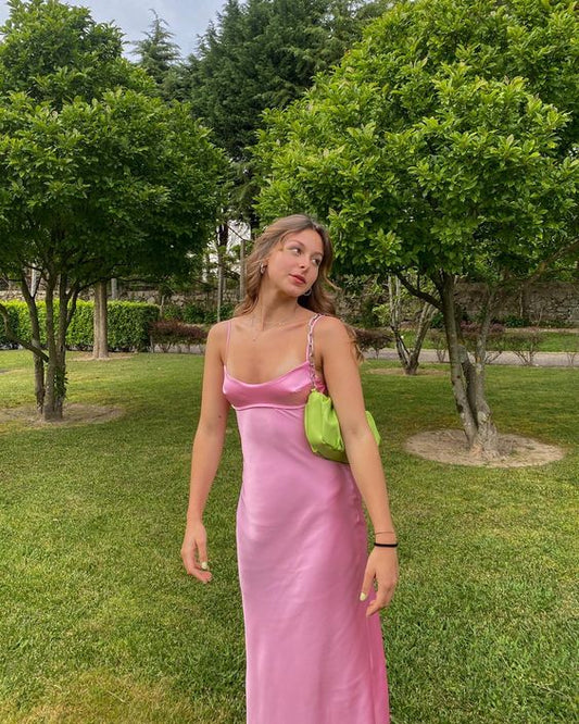 Simple A line Straps Sleeveless Party Dress Silk Satin Pink Prom Dress P844