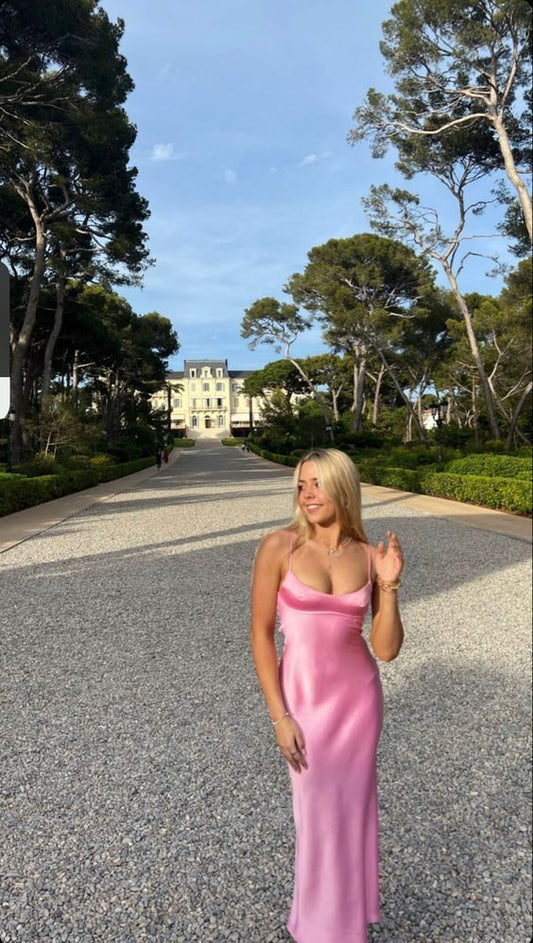 Simple A line Straps Sleeveless Party Dress Silk Satin Pink Prom Dress P844